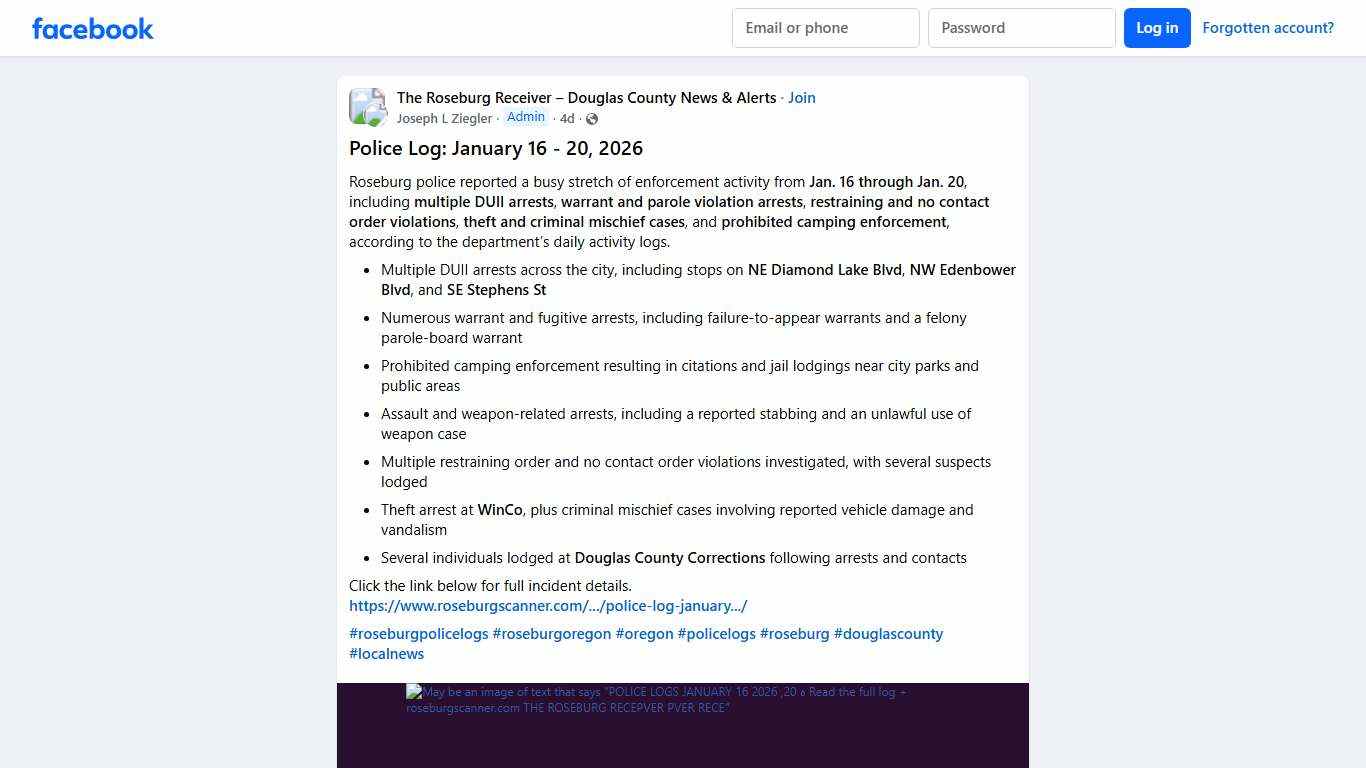 The Roseburg Receiver – Douglas County News & Alerts # **Police Log: January 16 - 20, 2026** Facebook